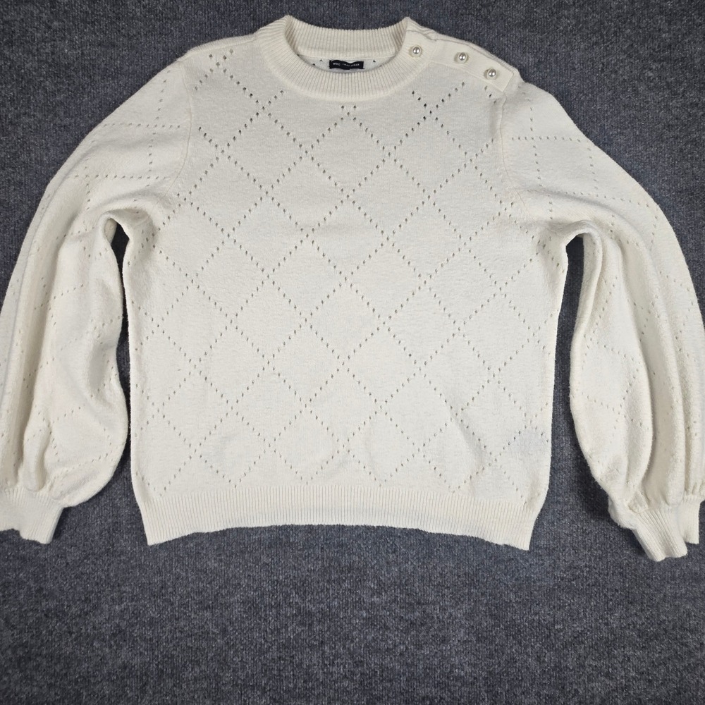 Who What Wear Sweater Womens XL Cream Pointelle Pearl Button Balloon Sleeve Knit